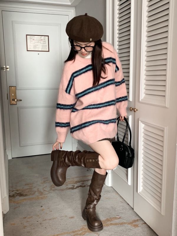 糖霜電波 毛絨條紋寬鬆針織上衣 冬日軟萌百搭款（3色） 