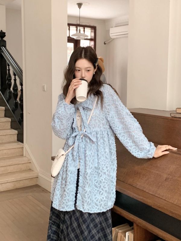 蜜漾晨曦 韓系立體毛毛花花綁帶罩衫 仙女感罩衫 顯瘦不刺癢 春夏秋必備（3色） 