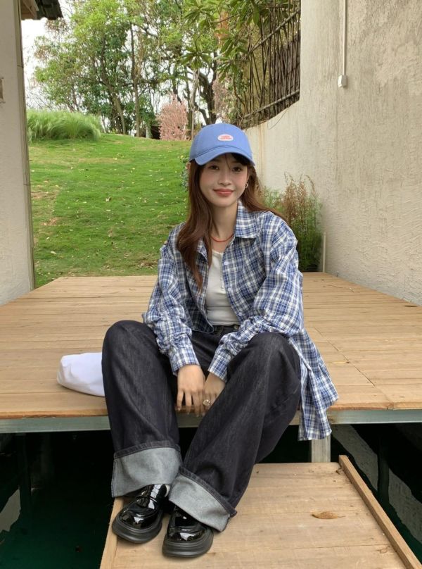 海岸微風格紋襯衫 韓系格紋襯衫 抽繩袖襯衫 長袖襯衫 寬鬆顯瘦 百搭襯衫（2色） 