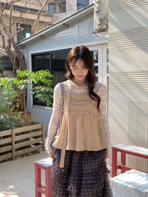 初戀日記 格紋背心 韓系甜感小可愛 顯瘦傘狀上衣（3色） 