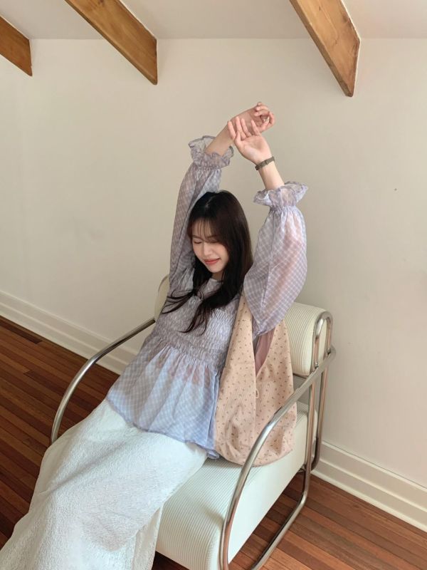 英倫花園日常 格紋抓皺上衣 收腰顯瘦款（2色） 