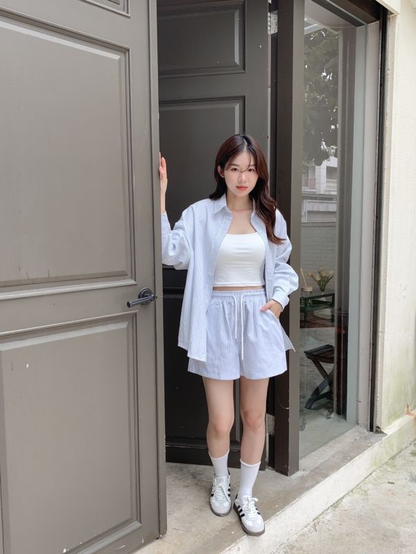 氣質學姊 預購正韓自訂款清新韓系套裝 (襯衫+鬆緊短褲) 