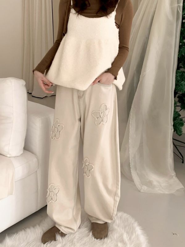 霧藍花信 小花刺繡牛仔寬褲高腰顯瘦 直筒寬褲（2色） 