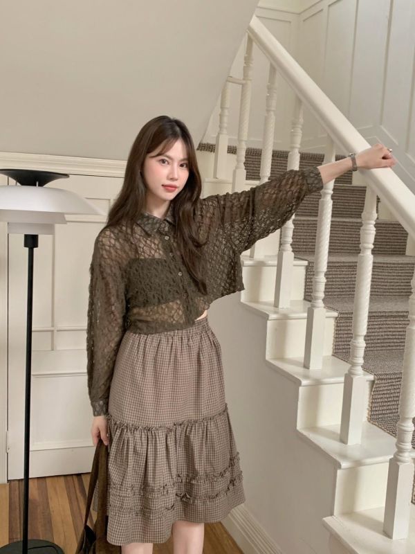 度假氛圍感透膚蕾絲襯衫 微透小性感襯衫（4色） 