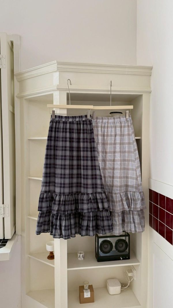 藍莓奶油格紋蛋糕裙 韓系高腰顯瘦層次荷葉裙（2色） 