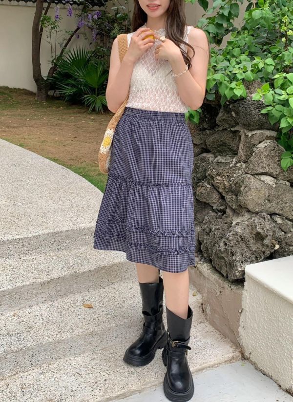 日光氛圍格紋蛋糕長裙 鬆緊腰顯瘦設計 輕甜層次感 慵懶百搭半身裙（多色） 