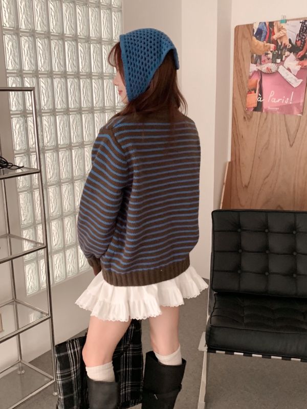 毛衣季的小小儀式感 雙拉鍊條紋針織上衣 外套兩穿 （2色） 