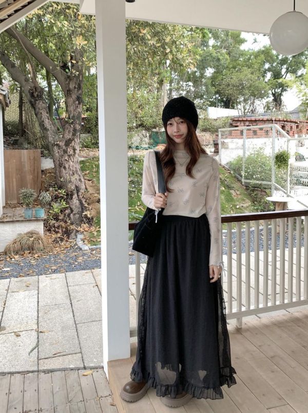 輕霧漫步 荷葉裙 韓系飄逸顯瘦長裙 百搭氣質半身裙（3色） 