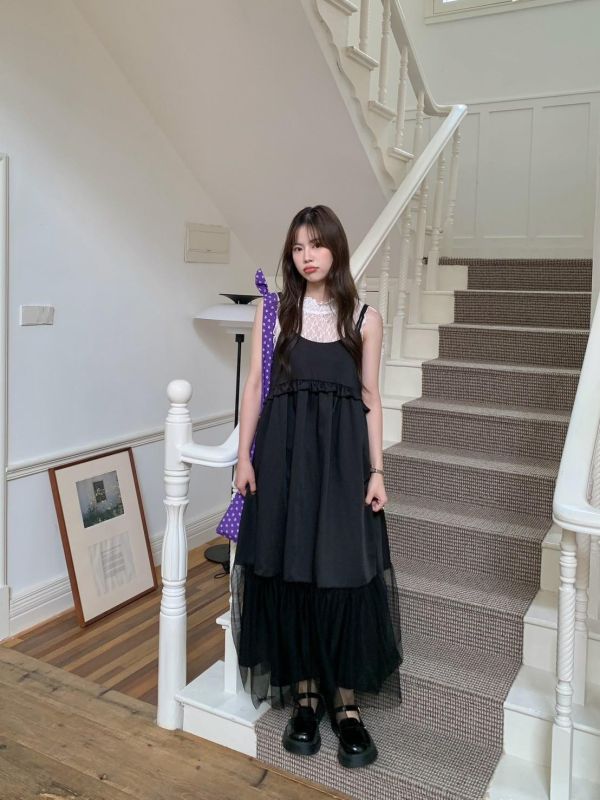 花影層層 細肩輕紗蛋糕洋裝（3色） 