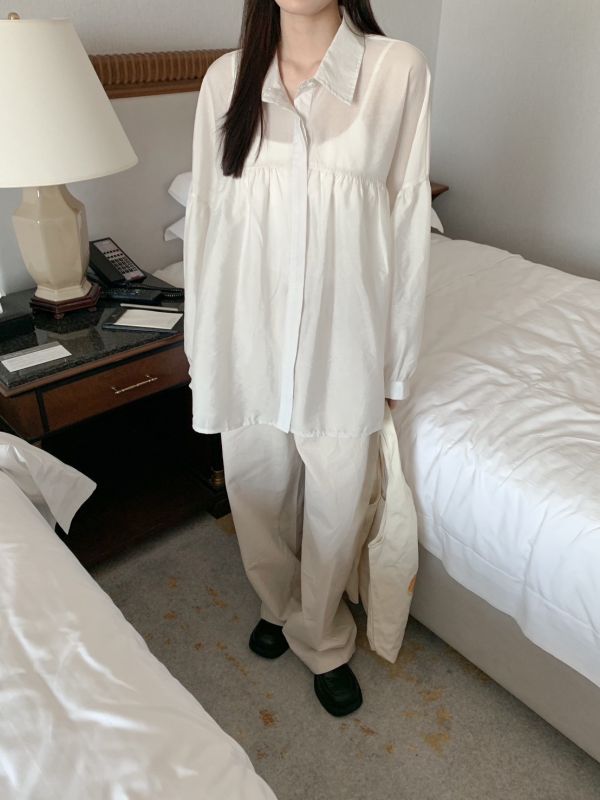 收集美好 寬鬆日系澎袖長版襯衫 (3色) 