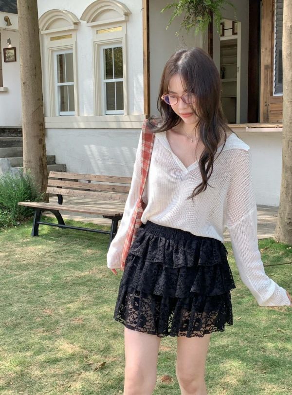 春日花語 蕾絲蛋糕裙 韓系甜妹層次短裙 高腰顯瘦 約會感百搭短裙（2色） 