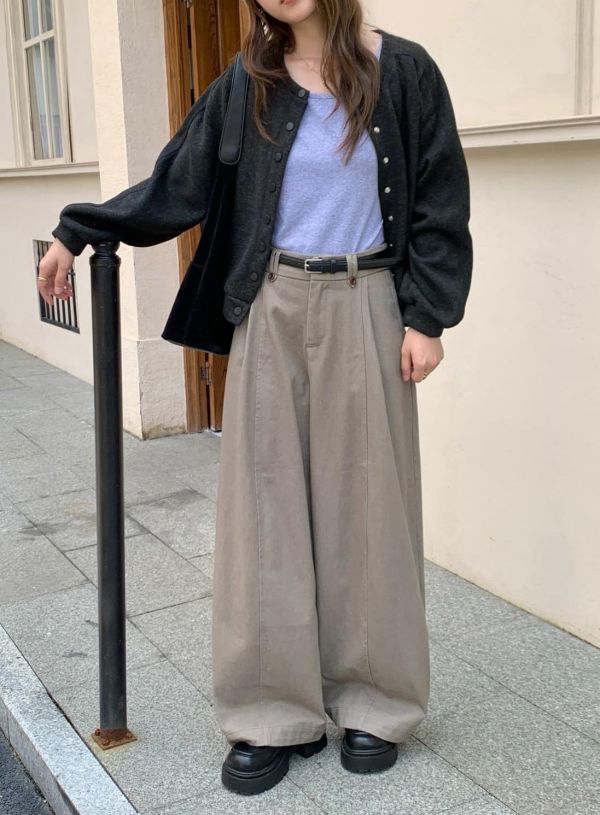京都暮色散步 附皮帶高腰西裝寬褲 日系垂墜落地長褲 顯瘦打褶西裝褲 （4色） 