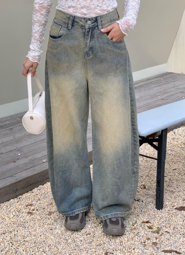 流浪日光刷色牛仔長褲 高腰彎刀顯瘦版 