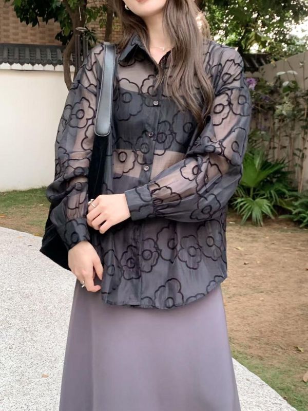 渡假氛圍花花透紗襯衫 後綁帶設計 微透感小性感 寬鬆顯瘦襯衫（3色） 