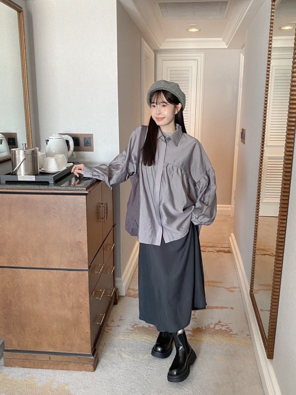 收集美好 寬鬆日系澎袖長版襯衫 (3色) 