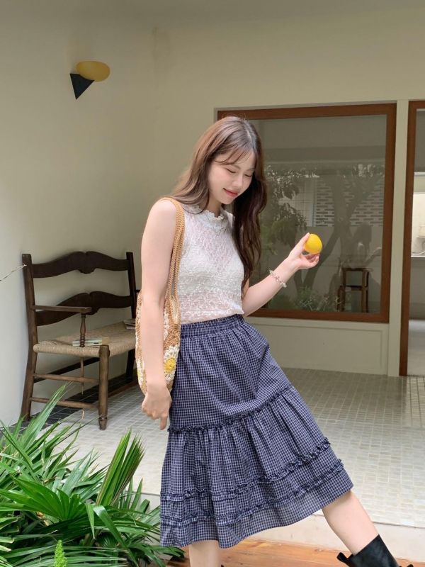 日光氛圍格紋蛋糕長裙 鬆緊腰顯瘦設計 輕甜層次感 慵懶百搭半身裙（多色） 