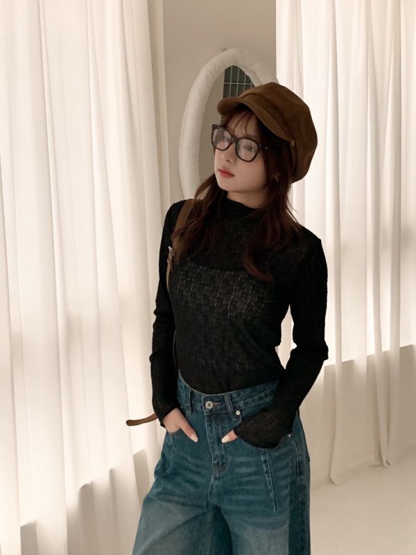 柔和打底 皺皺透膚高領長袖上衣 法式內搭 捲邊設計 百搭打底衫 （3色） 