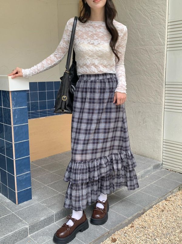 藍莓奶油格紋蛋糕裙 韓系高腰顯瘦層次荷葉裙（2色） 