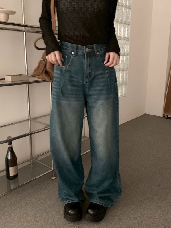 大長腿濾鏡 高腰微復古寬版牛仔長褲 顯瘦挺版 直筒修飾 腿長褲（3色） 