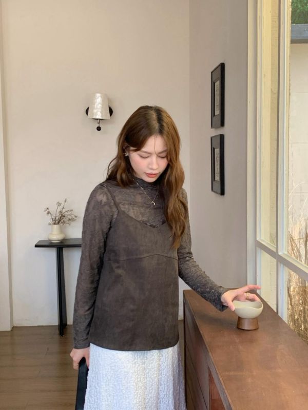 鎌倉秋日慢步 鹿皮絨兩件套 日系復古細肩帶層次上衣 麂皮感套裝（3色） 