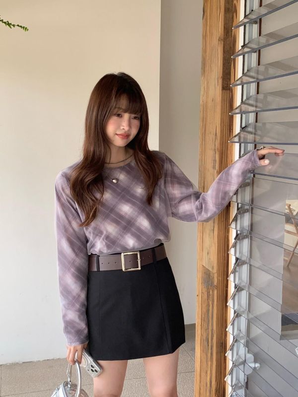 晨霧格紋上衣 春季新款 韓系暈染上衣 長袖打底上衣 修身顯瘦 薄款內搭 氣質穿搭（3色） 