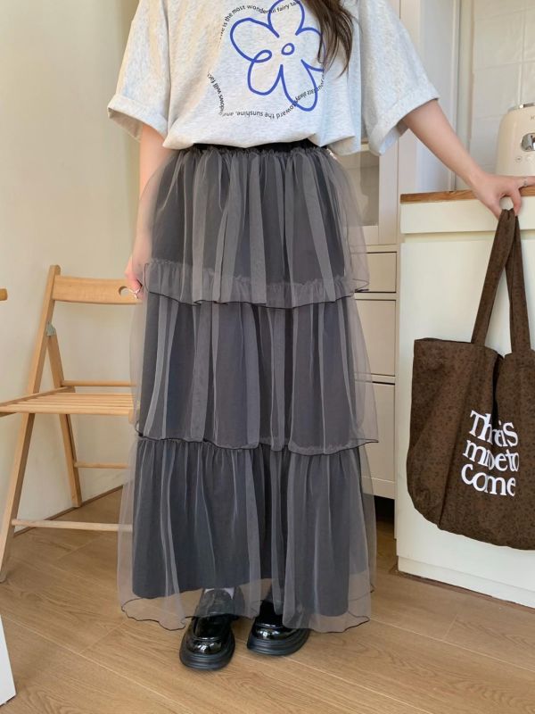 巴黎晨霧仙氣感 多層紗裙 高腰長裙 蛋糕裙(3色） 