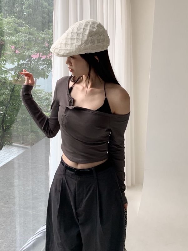 戀愛狙擊 性感斜肩排扣真兩件式上衣 (4色) 