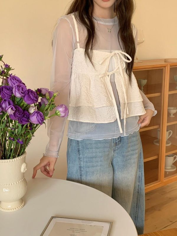 法式微甜 透膚紗感內搭＋立體花紋澎澎背心套裝（4色） 