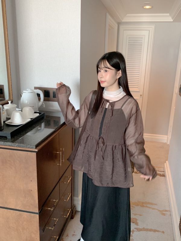 緞面浪花2.0 微光澤澎澎袖綁帶罩衫 (3色) 
