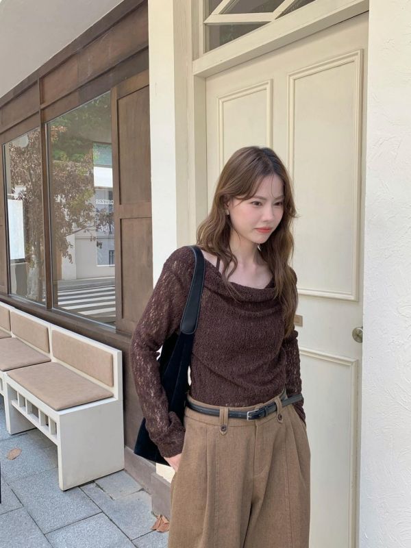 晚風與咖啡香 兩件垂墜領長袖上衣 細肩帶層次感上衣（2色） 