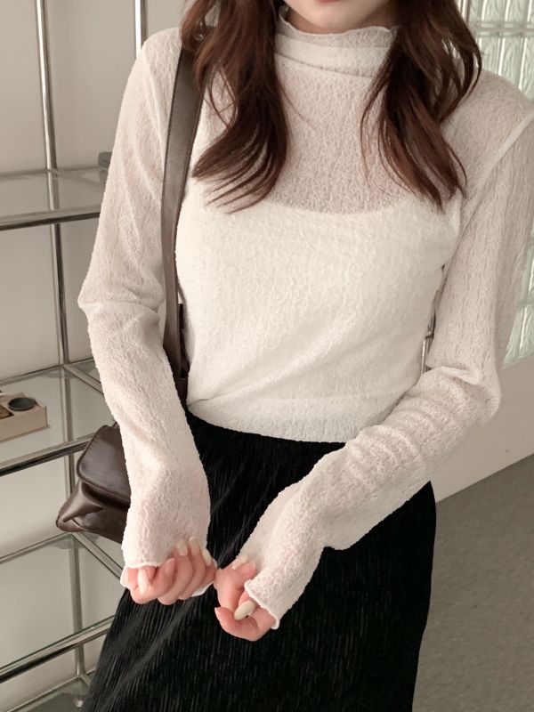 柔和打底 皺皺透膚高領長袖上衣 法式內搭 捲邊設計 百搭打底衫 （3色） 