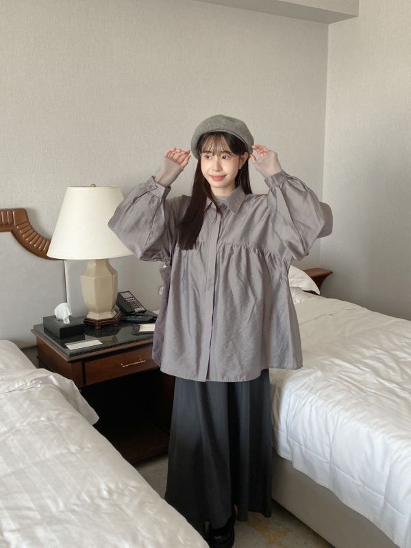 收集美好 寬鬆日系澎袖長版襯衫 (3色) 