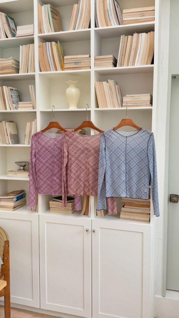 歐系少女層次感 格紋透膚長袖 木耳邊打底上衣（3色） 