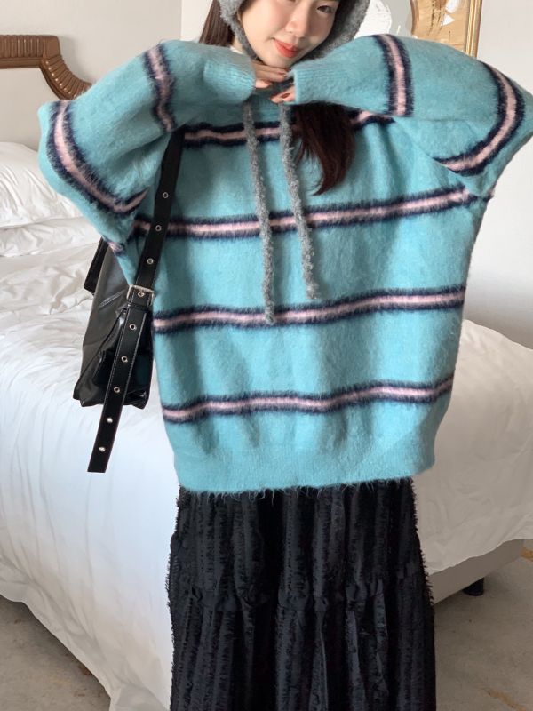 糖霜電波 毛絨條紋寬鬆針織上衣 冬日軟萌百搭款（3色） 