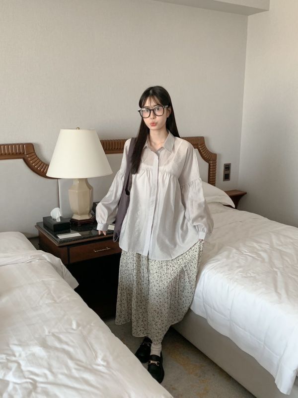 收集美好 寬鬆日系澎袖長版襯衫 (3色) 