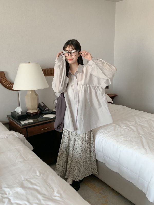 收集美好 寬鬆日系澎袖長版襯衫 (3色) 