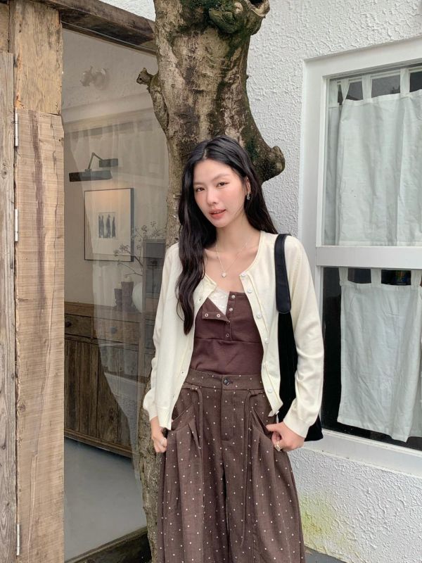 秋日奶油排扣罩衫 圓領針織開襟外套 韓系薄款長袖上衣 百搭小外套(5色） 