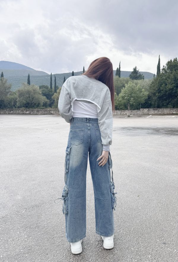 大口袋綁帶直筒工裝牛仔褲 