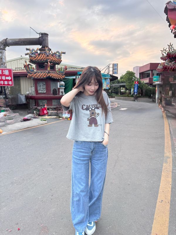 側槓牛仔鬆緊長褲 