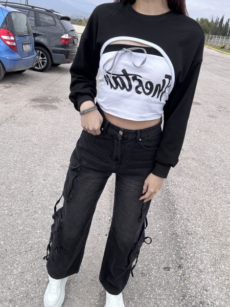 大口袋綁帶直筒工裝牛仔褲 