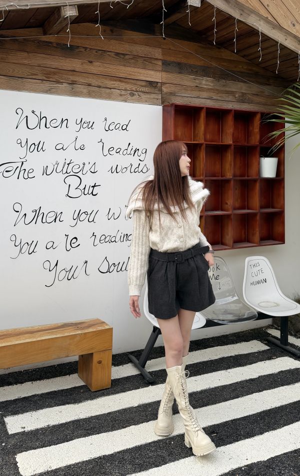 大翻領帽子毛毛針織外套 