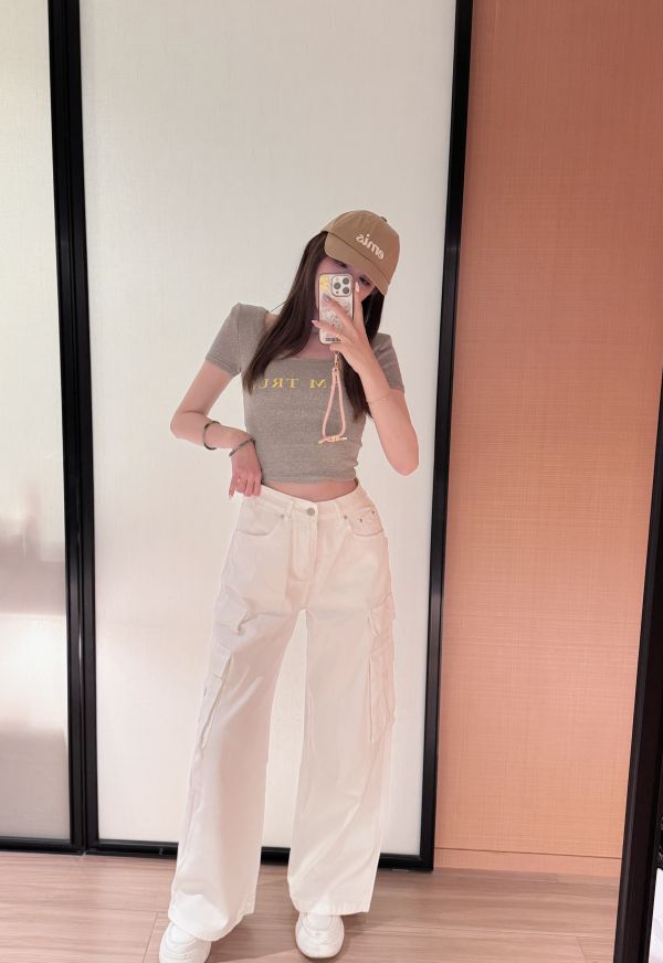 質感附腰帶大口袋工裝褲 