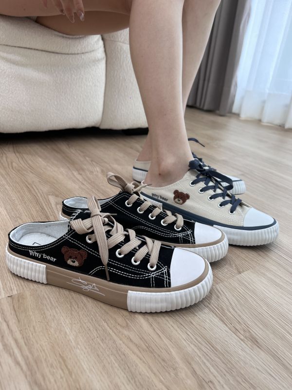 質感熊熊刺繡配色帆布後空鞋 