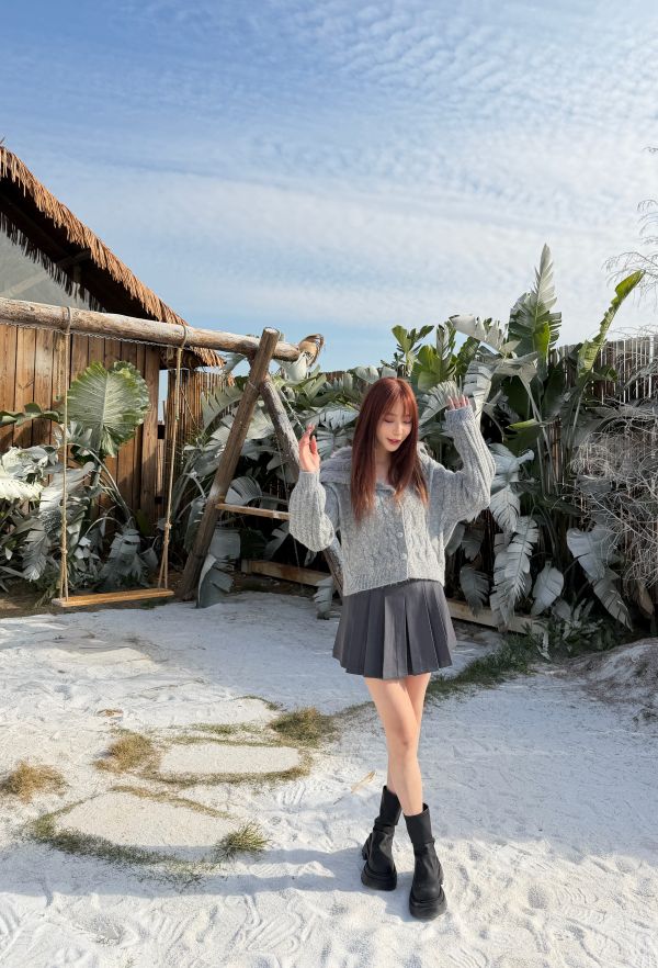 大翻領帽子毛毛針織外套 