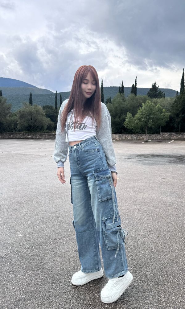 大口袋綁帶直筒工裝牛仔褲 