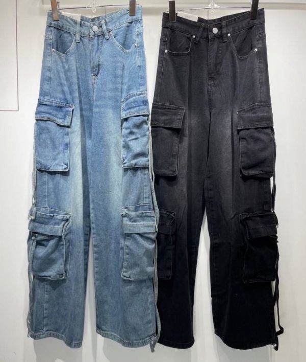 大口袋綁帶直筒工裝牛仔褲 