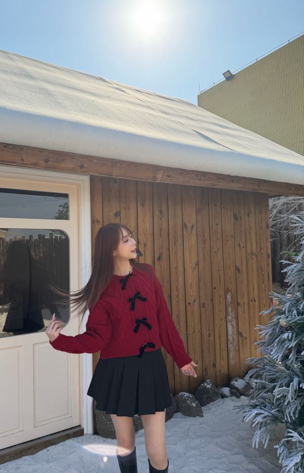 蝴蝶結麻花針織設計感上衣 