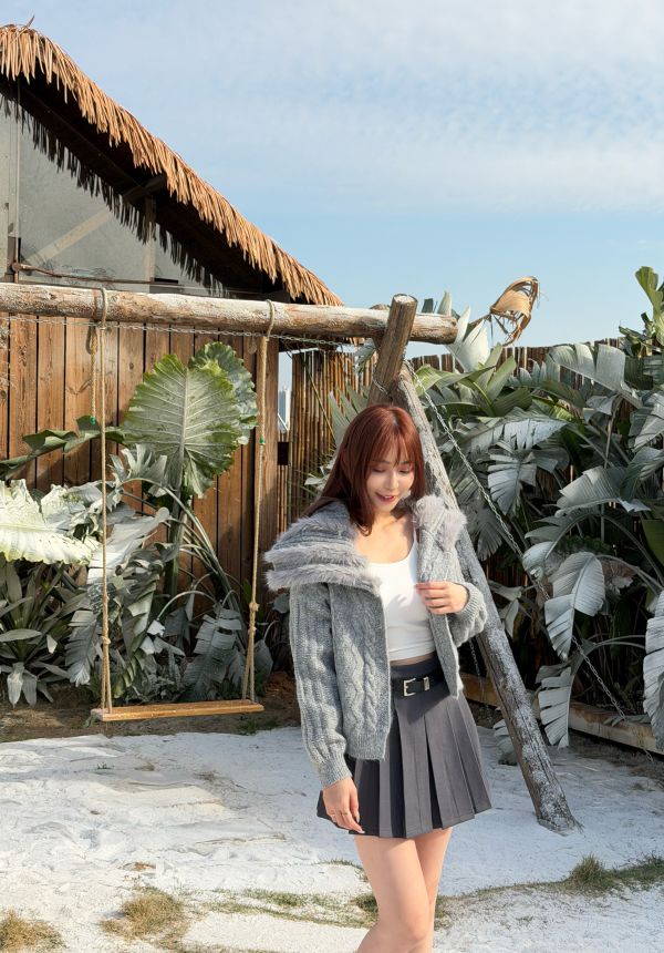 大翻領帽子毛毛針織外套 