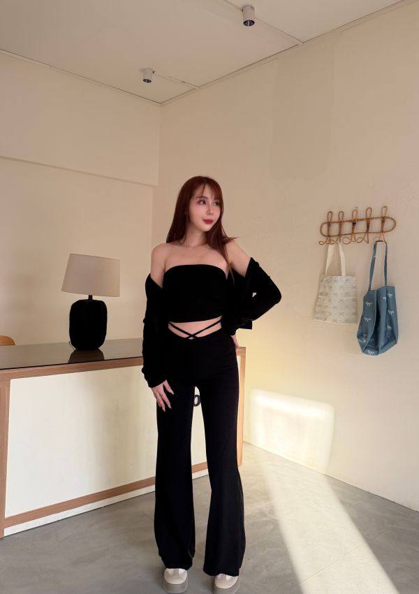 微喇叭褲交叉綁帶平口三件式個性套裝 