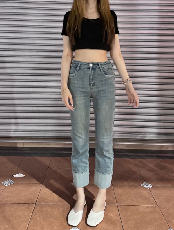 顯瘦反折直筒牛仔褲 